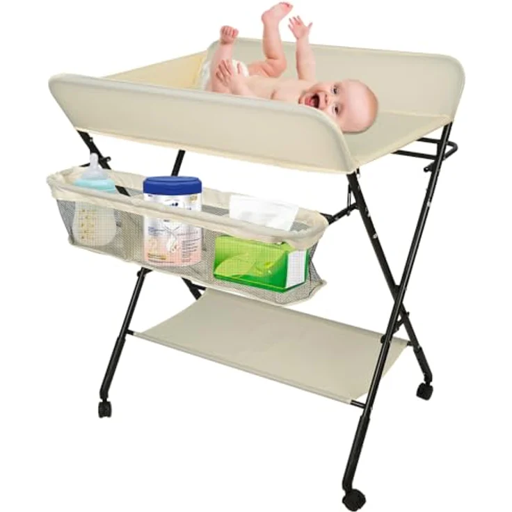 Wickelstation für Baby, Wickeltisch, faltbar, tragbar, Wickeltisch, faltbar, tragbar, mit Aufbewahrungskorb, maximale Belastung von 25 kg,80 x 66 x 98 cm (Beige) – Bild 1