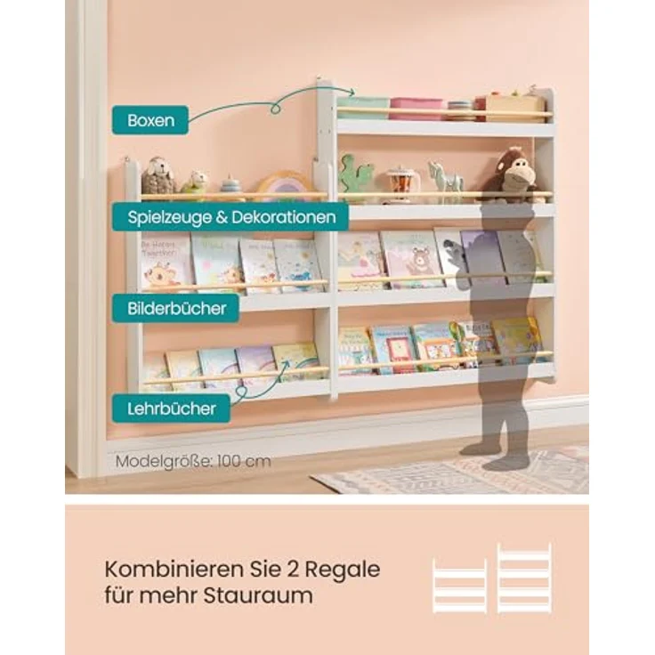 SONGMICS Bücherregal Kinder, Kinderregal mit 4 Ebenen, Spielzeugregal, Wandregal, für Kinderzimmer, Spielzimmer, weiß-naturfarben GKR014W01 – Bild 8