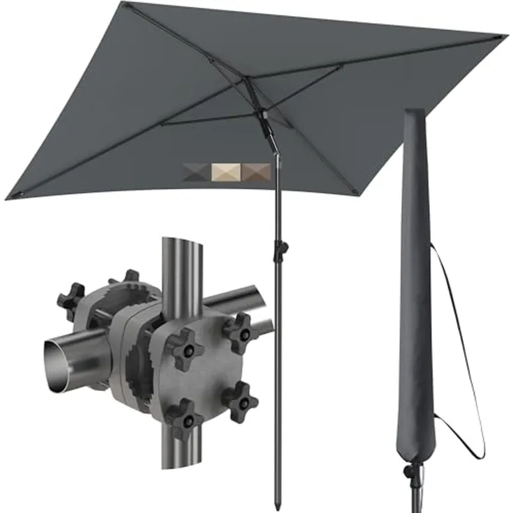 4smile Sonnenschirm Balkon SunnyShade, Sonnnenschutz Balkon SET 3-in-1, Anthrazit - UV50+ SunnyGuy Sonnenschirm rechteckig 200x125 cm + Sonnenschirmhalter Balkongeländer + Sonnenschirmhülle
