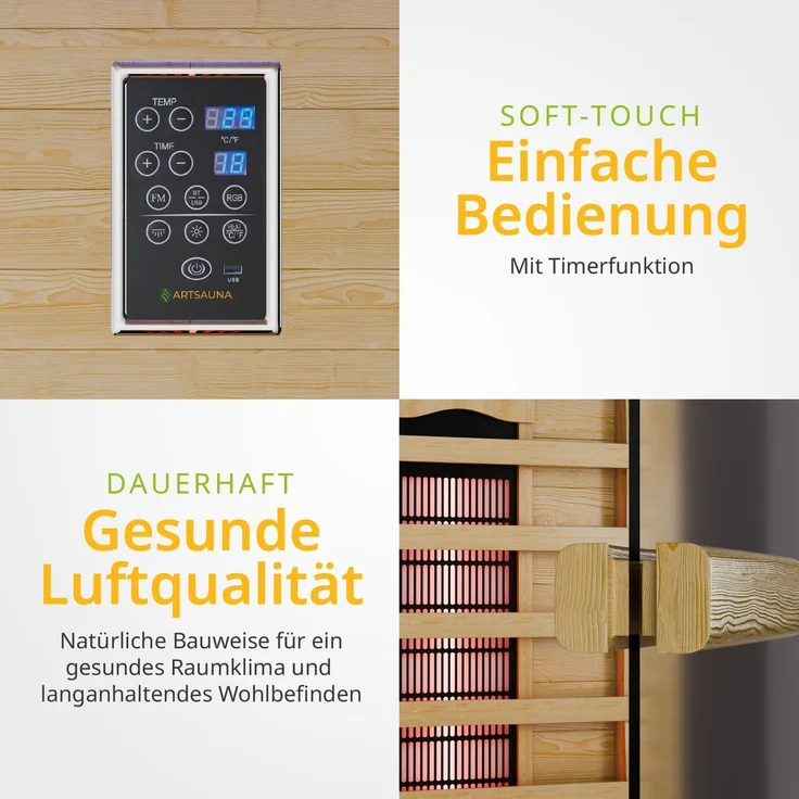 Artsauna Infrarotkabine Göteborg 120 – Natur, Wärmekabine mit Vollspektrumstrahlern, Hemlockholz & Sicherheitsglas, LED-Beleuchtung – Bild 6