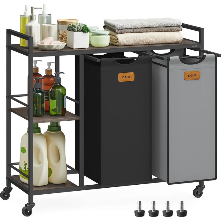 VASAGLE Wäschekorb 2 Fächer, Wäschesammler 100 L, Wäschesortierer, Rollen, Wäschewagen mit Ablagen, Wäschesack, mit abnehmbaren Taschen, 6 Etiketten, kastanienbraun-tintenschwarz-taubengrau – Bild 1