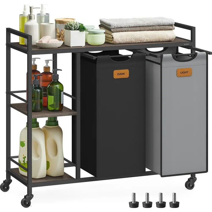VASAGLE Wäschekorb 2 Fächer, Wäschesammler 100 L, Wäschesortierer, Rollen, Wäschewagen mit Ablagen, Wäschesack, mit abnehmbaren Taschen, 6 Etiketten, kastanienbraun-tintenschwarz-taubengrau