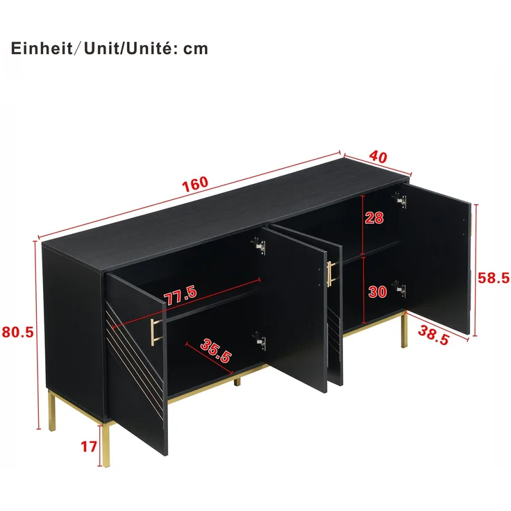 DESVIAE Sideboard mit 4 Türen und verstellbaren Einlegeböden 160x80,5x40 cm MDF Schwarz Holzoptik – Bild 10