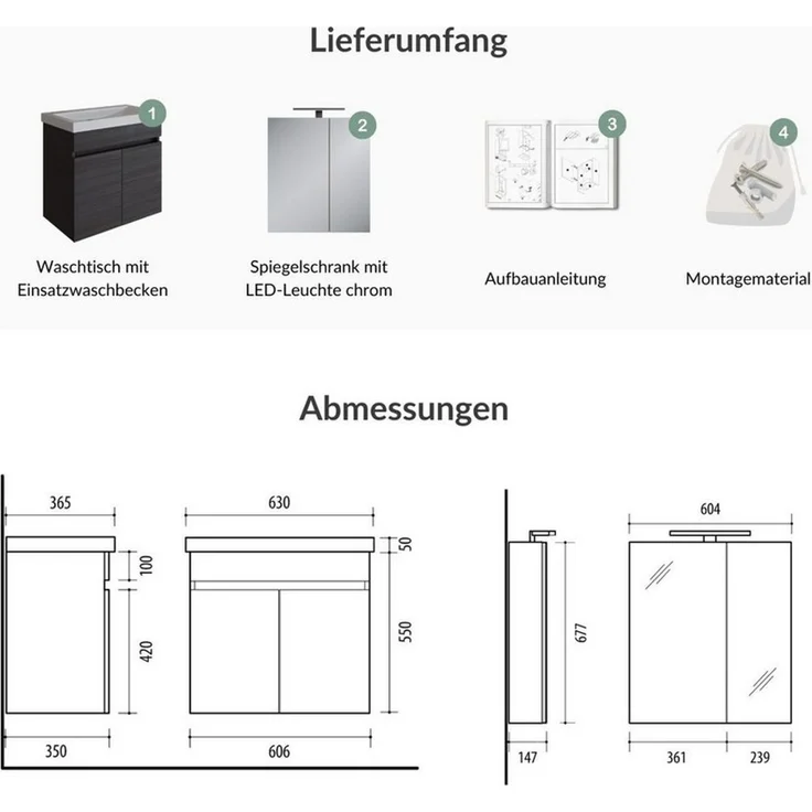 Planetmöbel Badmöbel-Set Badmöbel Set - Waschtisch mit Spiegelschrank 63 cm, (Waschbecken mit Unterschrank, 3-St, Spiegelschrank Bad mit Beleuchtung) – Bild 3