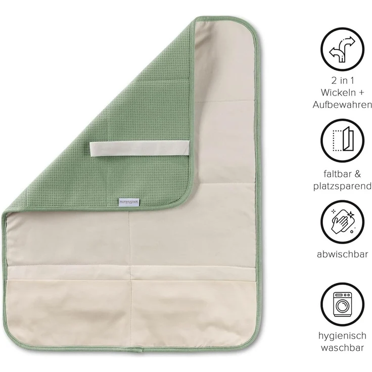 Hofbrucker® Windeltasche, Wickeltasche mit Wickelunterlage für unterwegs, faltbare Wickelclutch mit Organizer für Windeln & Feuchttücher, Abwischbar, Must Have für die Baby Erstausstattung (Salbei) – Bild 3
