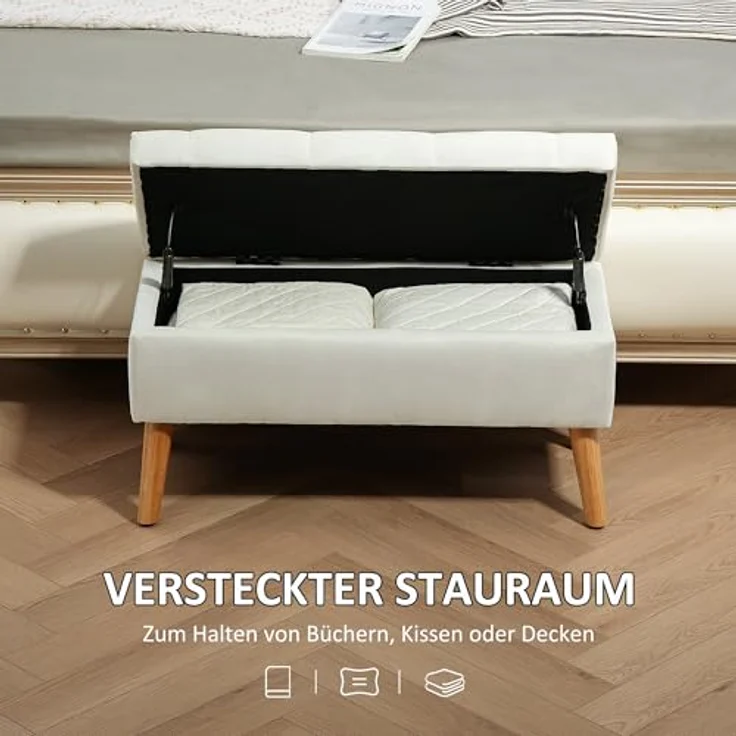 HOMCOM Sitzbank mit Stauraum, Deckel, Samtoptik (Truhenbank, 1-St, Polsterbank), für Flur Schlafzimmer Wohnzimmer, Gummiholz 102 x 35 x 43 cm Weiß – Bild 5