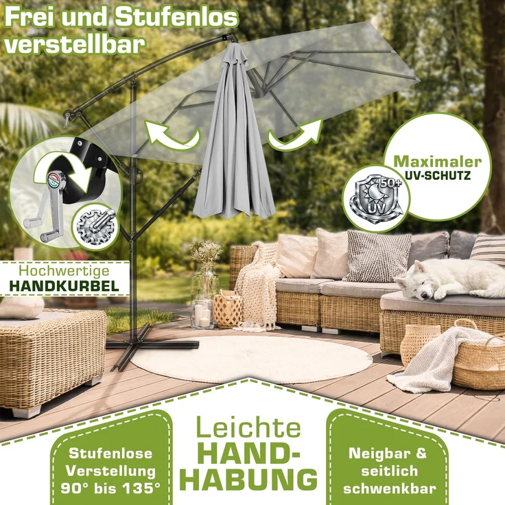 tillvex® Alu Sonnenschirm Rechteckig Ø 330 cm Grau + Abdeckung mit Kurbel | Ampelschirm Eckig mit Ständer & Windschutz | Gartenschirm UV-Schutz Aluminium | Kurbelschirm Marktschirm wasserdicht 360° drehbar – Bild 3