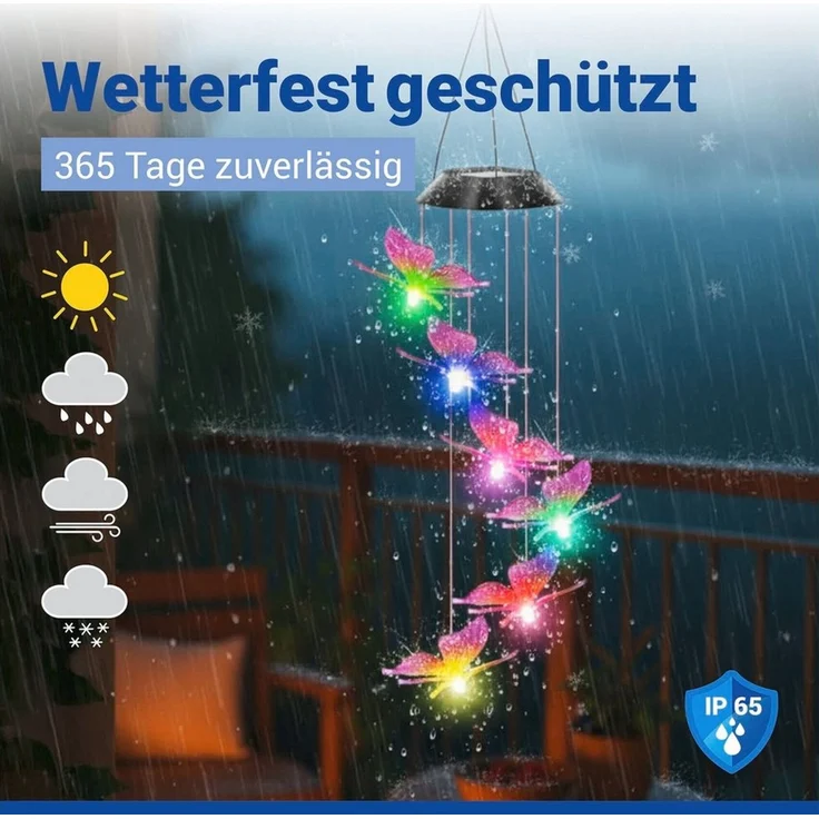 Maximex LED Gartenleuchte Modell Schmetterling, Ein-/Ausschalter, LED fest integriert, Extra-Warmweiß, solarbetriebenes Windspiel mit farbwechselnden LEDs – Bild 3