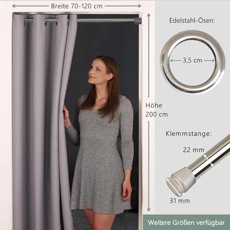 tinycurtains Türvorhang mit Stange silber 70-120 cm Thermo Vorhang ohne Bohren, mit Magneten, Ösen, abdunkelnd, Polyester, hellgrau Moonlight, Türgardine mit Klemmstange Raumtrenner verdunkelnd – Bild 9