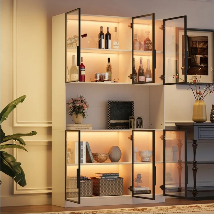 OKWISH Vitrine Regal 120x200x34 cm mit LED-Beleuchtung & 6 Glastüren – Weiß (Packung, 1-St, Elegante Aufbewahrungslösung mit Soft-Close Scharnieren) Perfekt für Ihre wertvollen Stücke. – Bild 2