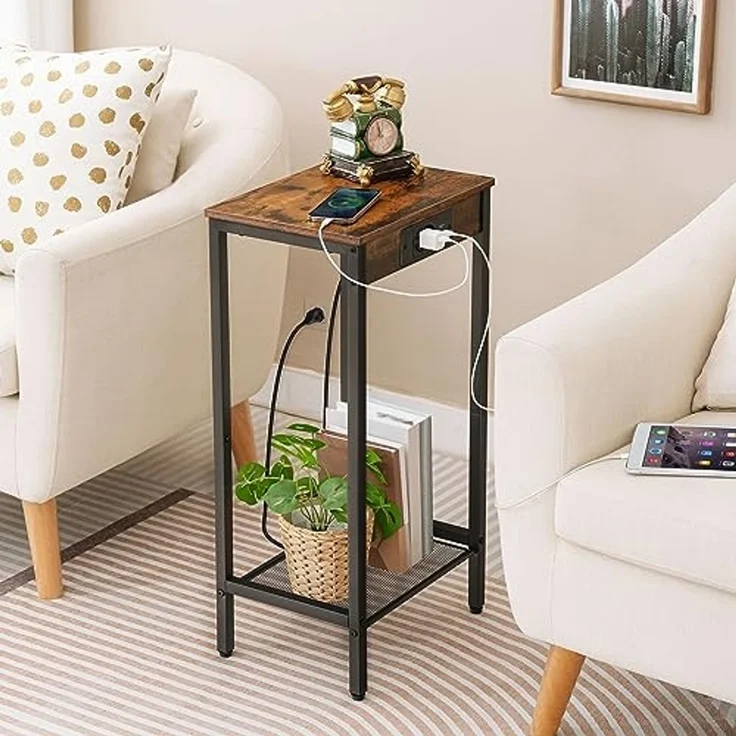 HOOBRO Beistelltisch mit Ladestation, Telefontisch Hoch mit Netzablage, Schmaler Nachttisch mit Steckdose für Wohnzimmer, Schlafzimmer, Vintagebraun und Schwarz EBF08CDH01 – Bild 6