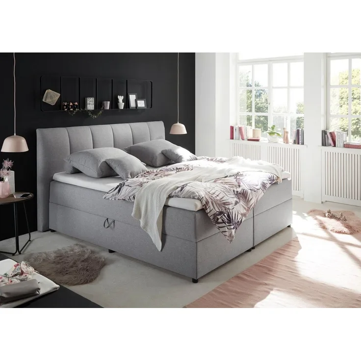 Bega 'Granada 2' Boxspringbett mit Bettkästen, Taschenfederkern-Matratze & Topper, Stoff grau, 180x200 cm