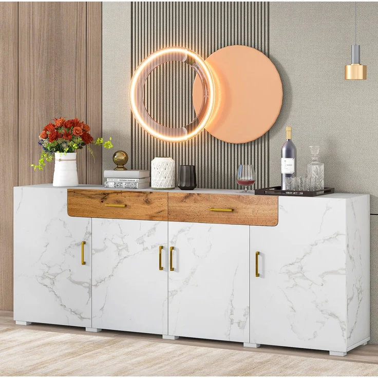 DESVIAE Sideboard mit 4 Türen und 2 Schubladen, 208x80x39,5 cm, aus Spanplatte, Weiß – Bild 1