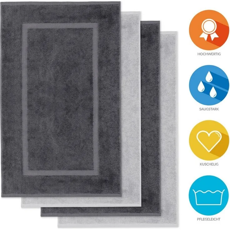 Lavea Badematte 4er Set Badeteppiche Elena Frottee 50x80 cm Badvorleger, 100% Baumwolle, 500 g/m² Frottier, weich & saugstark, pflegeleicht