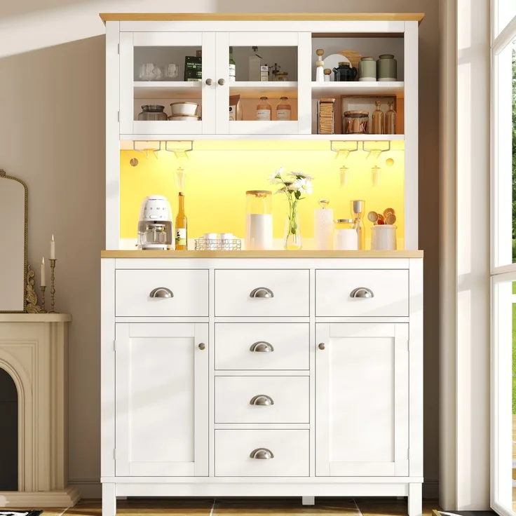 Buffetschrank 104 x 40 x 180 cm mit LED-Lichtleiste, Schubladen und Türinnenregalen – Weiß