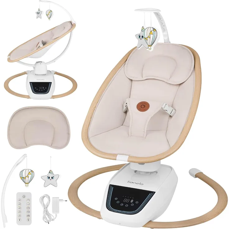 Lionelo OLIVIA Elektrische Babywippe bis zu 9 kg Neigungsverstellung, natürliches Schaukeln, 4 Geschwindigkeiten, ergonomischer Sitz, 13 Melodien, 2 Spielzeuge, Fernbedienung