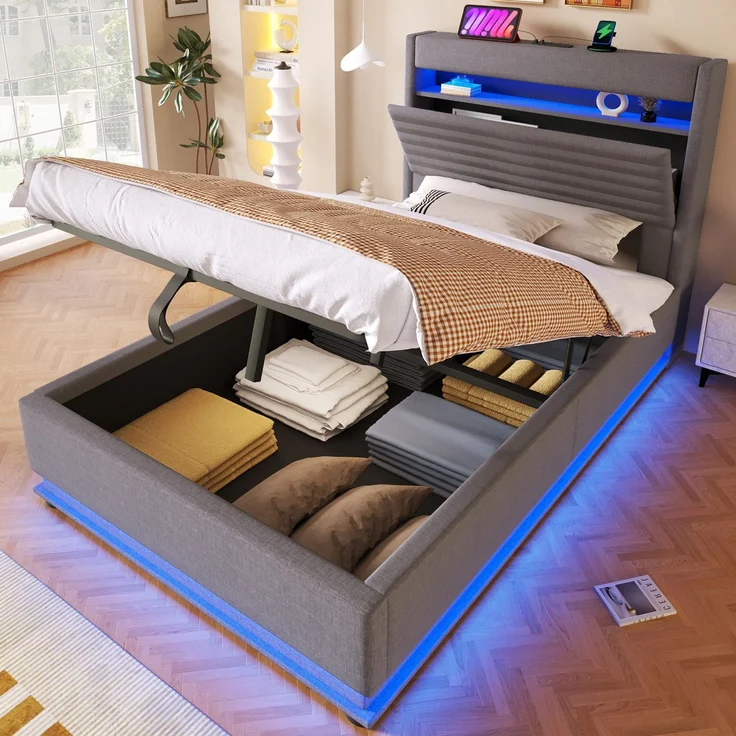 Polsterbett mit LED-Streifen, Stauraum, Schrank, USB und Type-C, 90x200 cm, gepolsterter Kopfteil mit Schrank, Einzelbett, Stauraumbett, Leinen – Bild 1