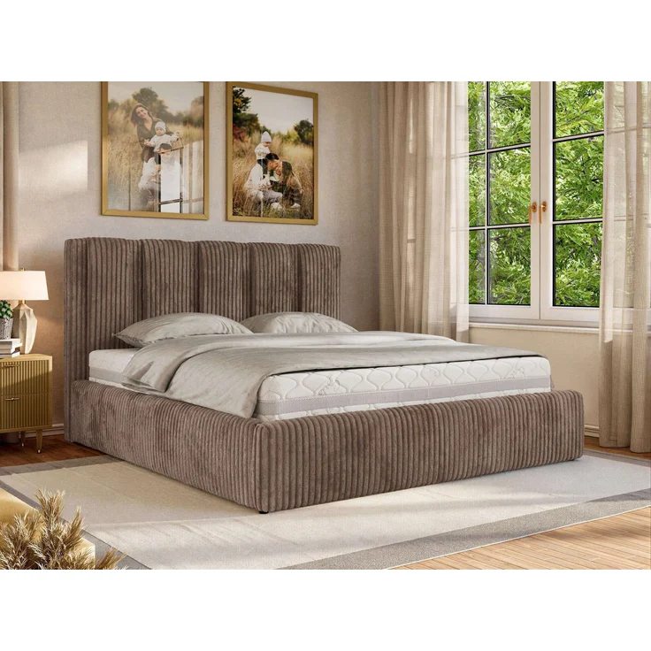 Polsterbett SAVINO CLASSIC mit Bettkasten und Lattenrost Doppelbett 180 x 200 cm mit hohem Kopfteil Stauraumbett Bett mit Gasdruckfeder - Braun Cord - Foam Matratze - MIRO LUX – Bild 1