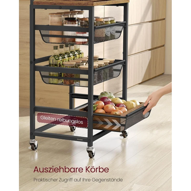 VASAGLE Servierwagen mit 4 Ebenen, Rollwagen mit herausziehbaren Körben, auf Rollen, 31,7 x 40 x 76 cm, vintagebraun-tintenschwarz – Bild 3