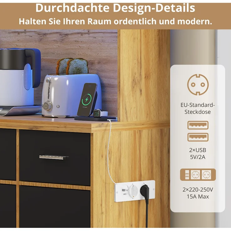 100x40x180cm, multifunktionales Buffet mit LED-Beleuchtung mit APP-Steuerung, Schubladen, verstellbaren Einlegeböden, Kabelführungslöchern und Steckdosen, ideal für Küchen und Esszimmer – Bild 7