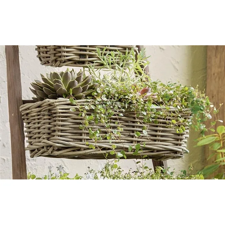 Rattan Pflanzkasten "Koboo Grey" mittel, grau, Balkonkasten mit Halterung, Blumenkasten für Draußen, Pflanzgefäß
