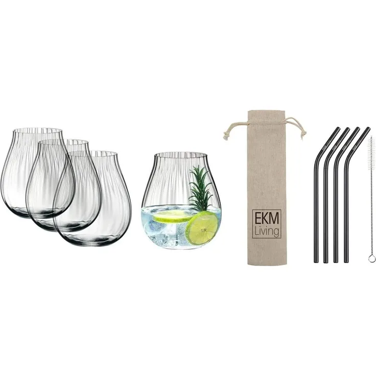 Riedel O 5515/67 Gin Tonic Optical Gläser Set 4 Stück + Gratis 4er Set EKM Living Edelstahl Strohhalme Schwarz gebogen