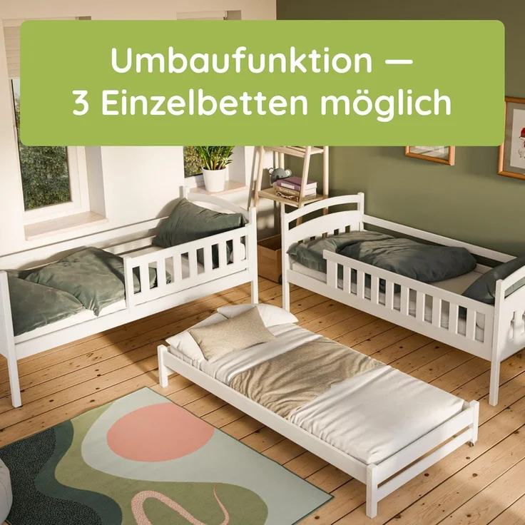 Kids Collective Etagenbett Hochbett Stockbett Kinderbett 90x200 cm mit Ausziehbett und Schubladen, Umbaubar zu 3 Einzelbetten mit Lattenrosten & Rausfallschutz, Olivgrün – Bild 4
