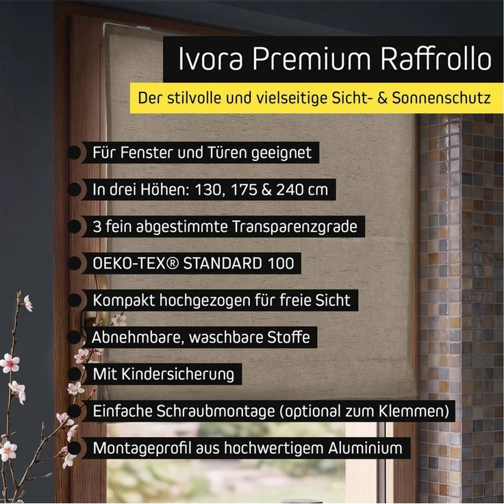 Victoria M. Raffrollo Klemmfix Ivora Premium Raffrollo 40x130cm Creme Verdunkelnd, mit Klemmträger, ohne Bohren, freihängend, Ohne Bohren – Bild 4