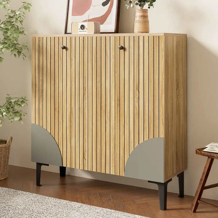Schuhschrank in Holzoptik mit 3 Türen & Ablage, 90x32x94 cm, Holzfarbe, mit PVC-Beinen