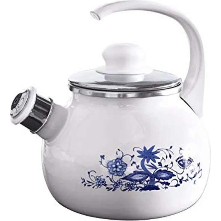 KARL KRÜGER Flötenkessel Zwiebelmuster emailliert 18cm Ø21cm weiß blau
