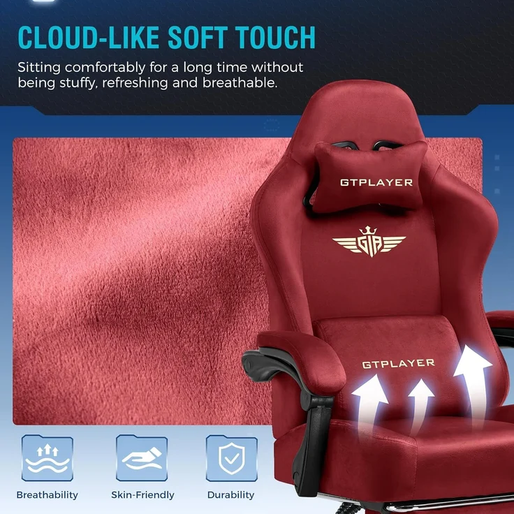 GTPLAYER Gaming Stuhl, Atmungsaktiver Bürostuhl, bürostuhl ergonomisch, Hochwertiger - Stoff, Ergonomischer PC Stuhl, 160° Verstellbare Rückenlehne und ausziehbare Fußstütze, Rot – Bild 3