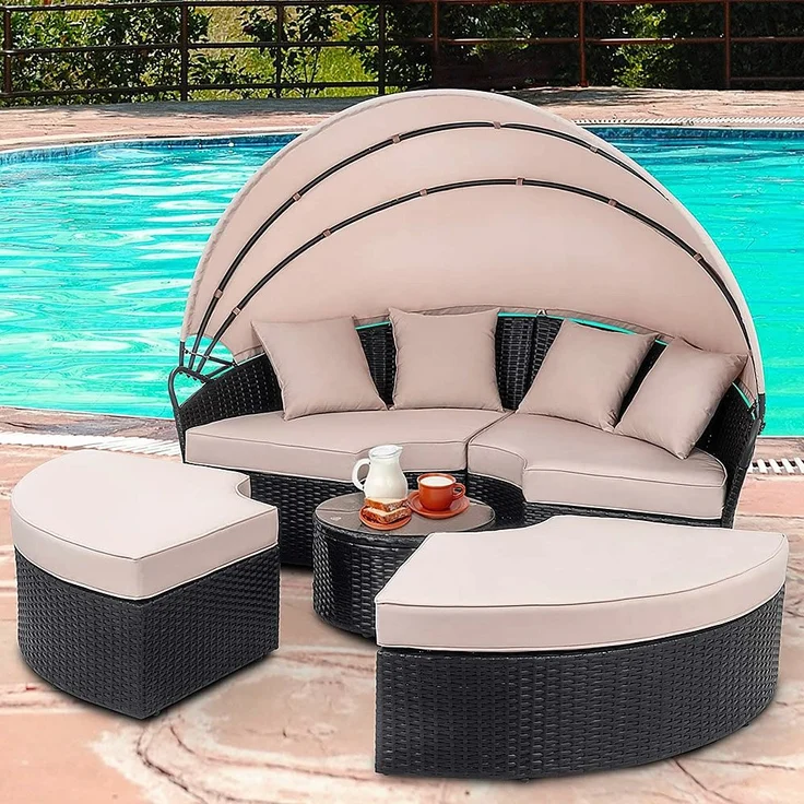 Polyrattan Sonneninsel 180cm Gartenmuschel Sonnenliege Loungebett schwarz/creme – Bild 5