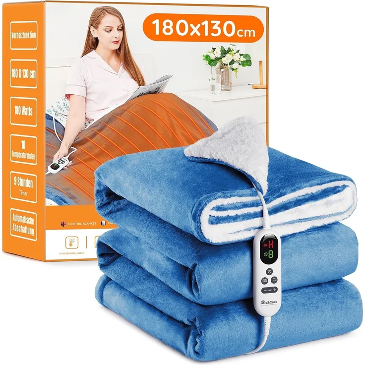 Heizdecke mit Abschaltautomatik, 130x180 cm 10 Heizstufen 1~9 Stunden Auto-Off-Timer Überhitzungsschutz, Elektrische Wärmedecke Bett Wärme Decke ETL für Home & Office Schnelle Flanell Waschbar Blau