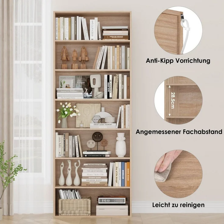 Homfa Bücherregal, 210cm Standregal, Bücherschrank mit 7 Fächern, eiche – Bild 4