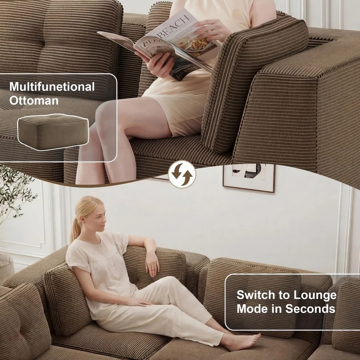 U-förmiges Sofa mit 1 Fußhocker mit Cordbezug und beweglicher Fußauflage, rahmenfreie Lounge-Couch mit breiten Armlehnen ohne Montage, Braun – Bild 27