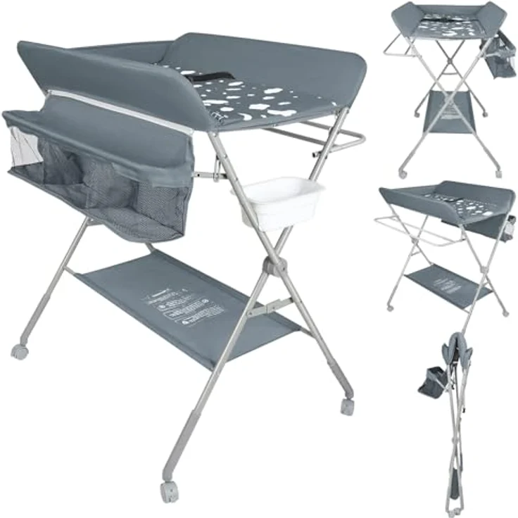Baby Klappbarer Wickeltisch，Mobiler Wickeltisch mit Rollen und Wickelauflage,Wasserdicht und Höhenverstellbar，Baby Wickelkombi mit Ablagefächern-80 * 58 * 90 cm-dunkelgrau – Bild 9