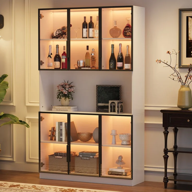 Vitrine 120 x 34 x 200 cm aus MDF mit 6 Glastüren, LED-Beleuchtung in Weiß – Bild 3