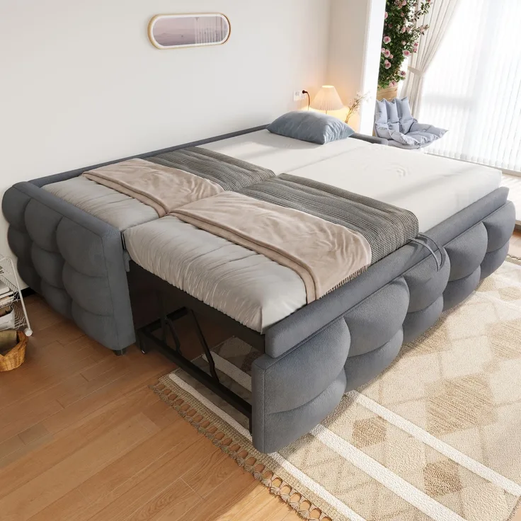 ZUBALIYA Schlafsofa 90x180 cm, ausziehbare Liegefläche, Lattenrost, Leiter, mit Teddy-Stoffbezug, Grau, ohne Matratze