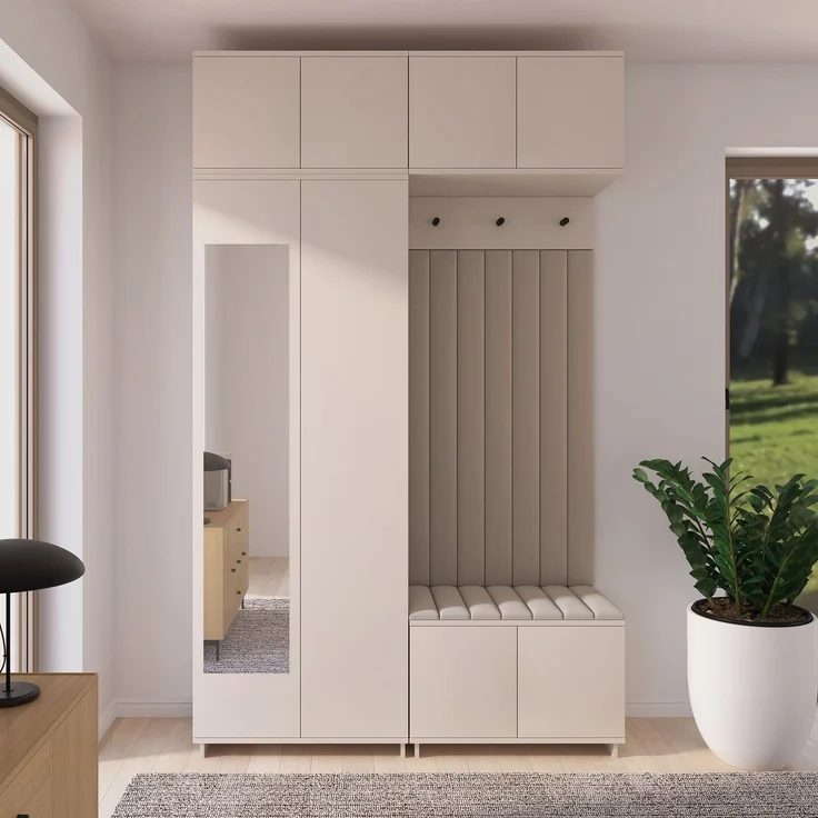 Garderoben-Set Napoli Version 11: Kleiderschrank mit Polsterpaneelen, Schuhschrank und Schrankaufsatz Flur und Eingangsbereich (Cashmere/Trinity 02), 229 x 40 x 140 cm – Bild 1