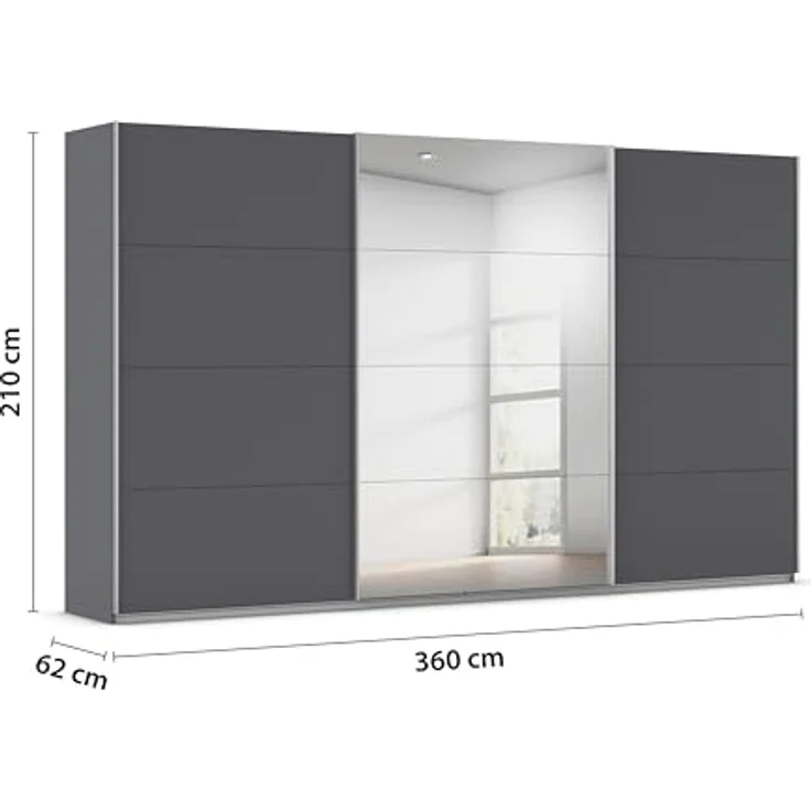 Rauch Möbel Kulmbach, Kleiderschrank mit Schwebetüren für Schlafzimmer, Kinderzimmer, Jugendzimmer, Garderobe, Flur, 3-türig, mit Spiegel, Zubehör Basic, Farbe Grau metallic, Schwarz, Breite 360 cm – Bild 3