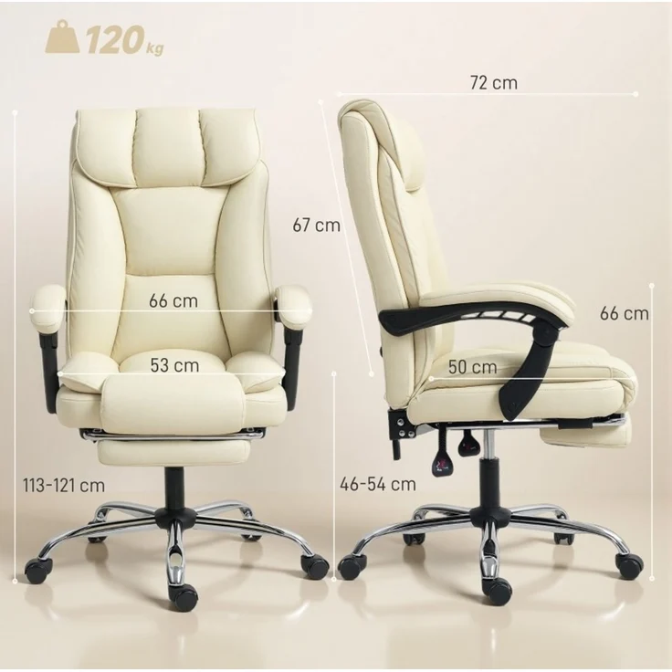 Bürostuhl 66x72x113-121 cm mit Fußstütze, verstellbarer Rückenlehne und Kunstleder in Beige – Bild 2