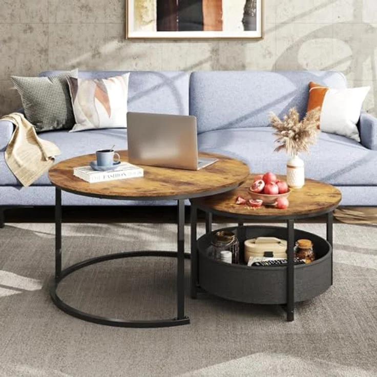WLIVE Couchtisch 2er Set, Beistelltisch Rund mit Stauraum, Wohnzimmertisch mit Korb aus Stoff，Metallgestell, Kaffeetisch für Wohnzimmer (Rustikales Braun) – Bild 3