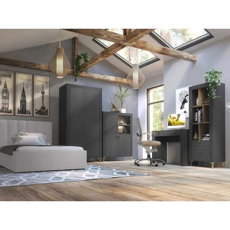 Jugendzimmer-Set Mossa II (Farbe: Schwarz / Schwarz + Eiche Whisky + Cloud 82)