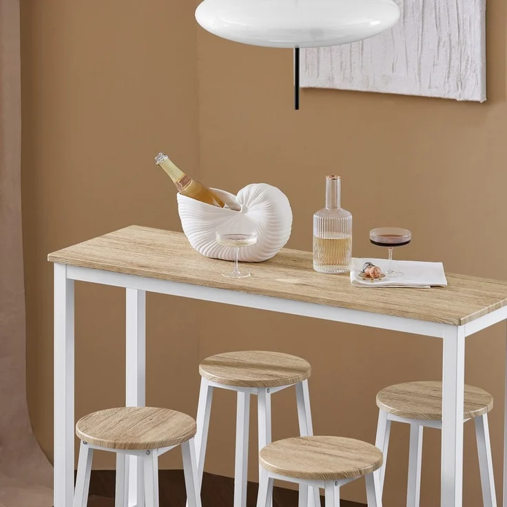 SoBuy OGT22-WN Bartisch-Set mit 4 Hockern, MDF, PVC-Furnier, Weiß, 120 x 100 x 40 cm – Bild 4