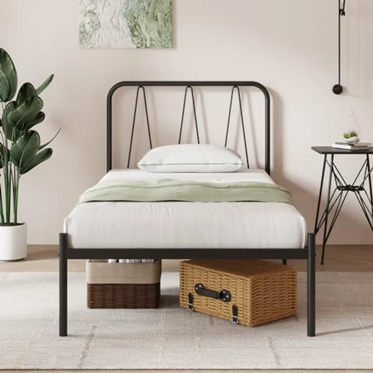 Novilla Bettrahmen 90x200 cm, Bettgestell mit Lattenrost aus Metall , Kopfteil mit Wellenmuster im modernen Stil,Modern Gästebett, Schwarz – Bild 2