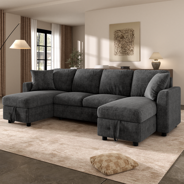 ZUBALIYA Schlafsofa 61x107 cm, mit USB - Anschluss, mit Stauraum, mit Ausziehbett, mit Chenille - Bezug, mit breiten Armlehnen, Grau – Bild 7