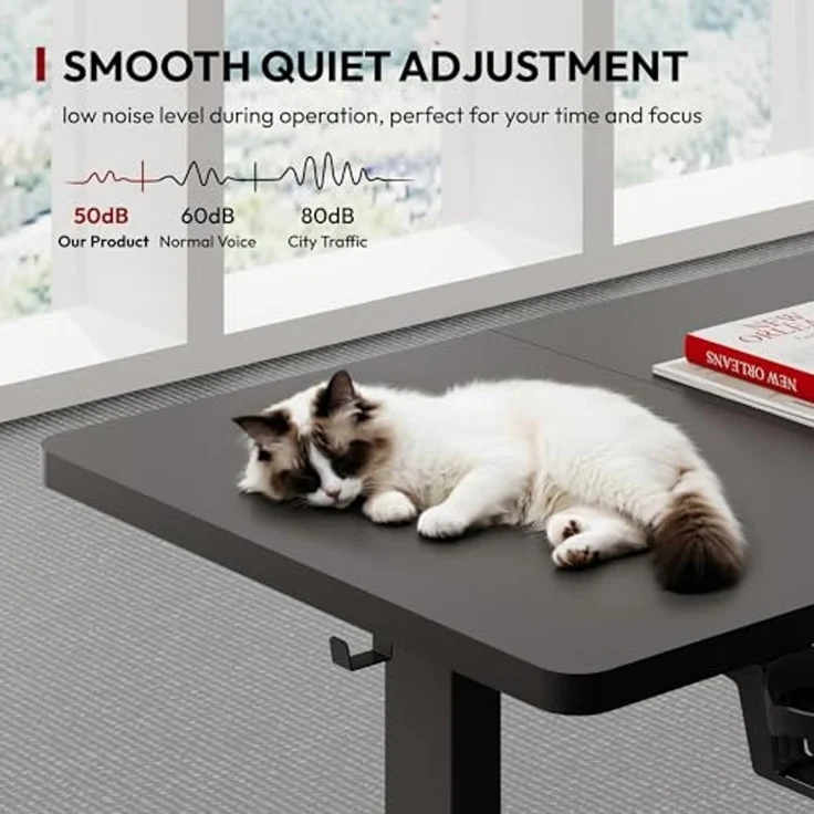 SANODESK Höhenverstellbarer Schreibtisch mit VOLLSTÄNDIGER TISCHPLATTE, 4 Zubehörteilen (Becherhalter, Haken, Aufbewahrungsbox, Kabelmanagement), ergonomisch für Büro und Homeoffice, Schwarz, 110x54CM – Bild 3