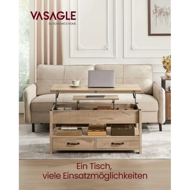VASAGLE Couchtisch, Wohnzimmertisch, Gaszylinder, höhenverstellbar, viel Stauraum, Kaffeetisch, für Wohnzimmer, braun – Bild 3