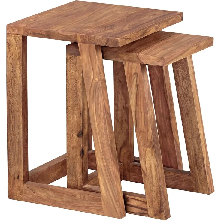 Wohnling 2er Set Beistelltisch Massivholz Design Wohnzimmer-Tisch eckig Nachttisch Satztisch Landhaus-Stil Naturprodukt