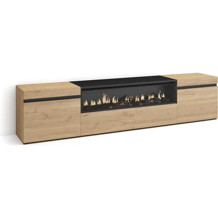 Skraut Home | TV-Schrank, Lowboard | für Wohnzimmer und Esszimmer | 200 x 45 x 35 cm | Für TV-Geräte bis zu 80" | Elektrokamin. Maße | Moderner Stil | Eiche Schwarz